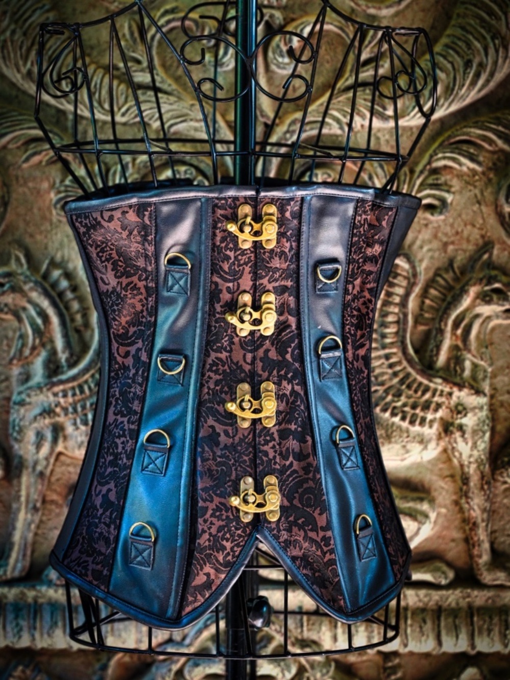 Steampunk Brocade & Faux Leather Underbust Corset - Size M
